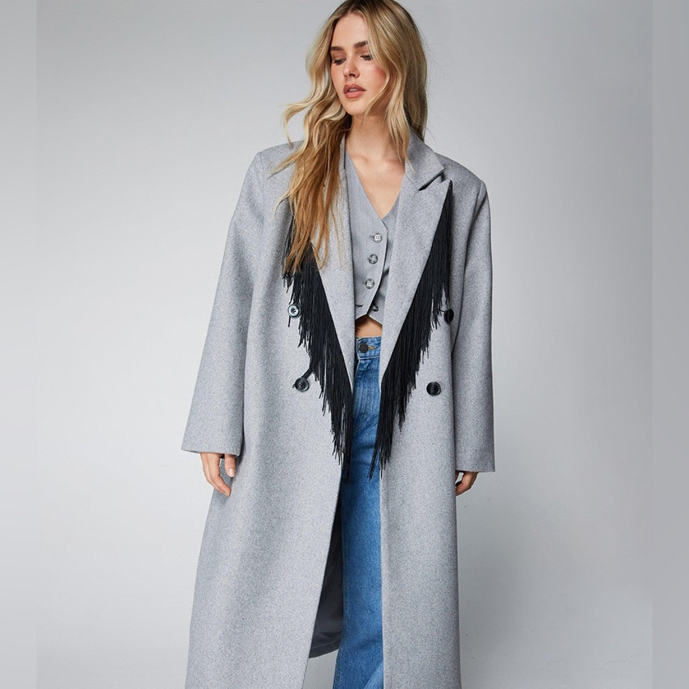 Nasty Gal Premium Wool Fringe Coat Oversized Grey Size US 6 UK 10